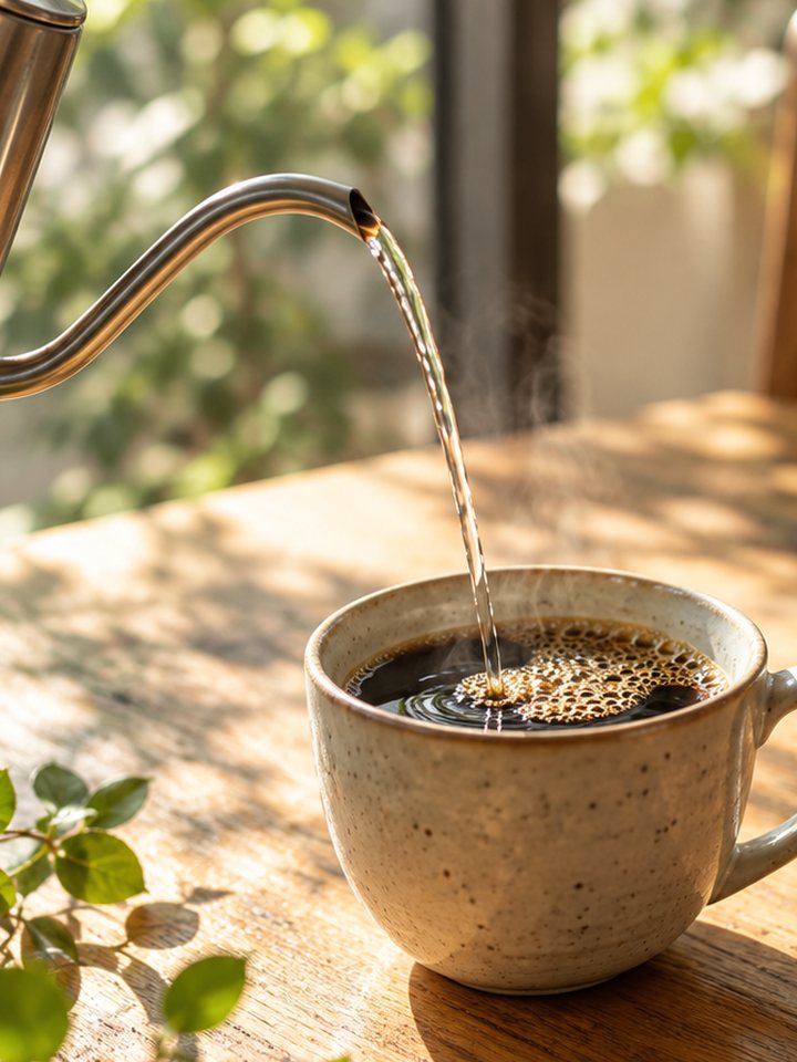ケトルからカップへ注がれるハンドドリップのコーヒー