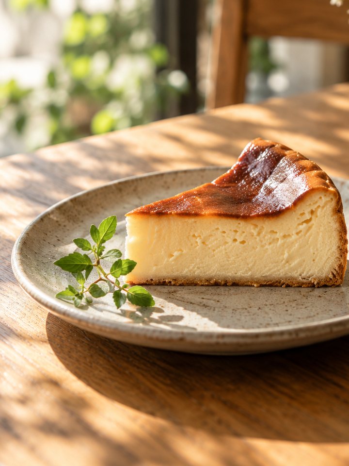陶器の皿にのったバスクチーズケーキ