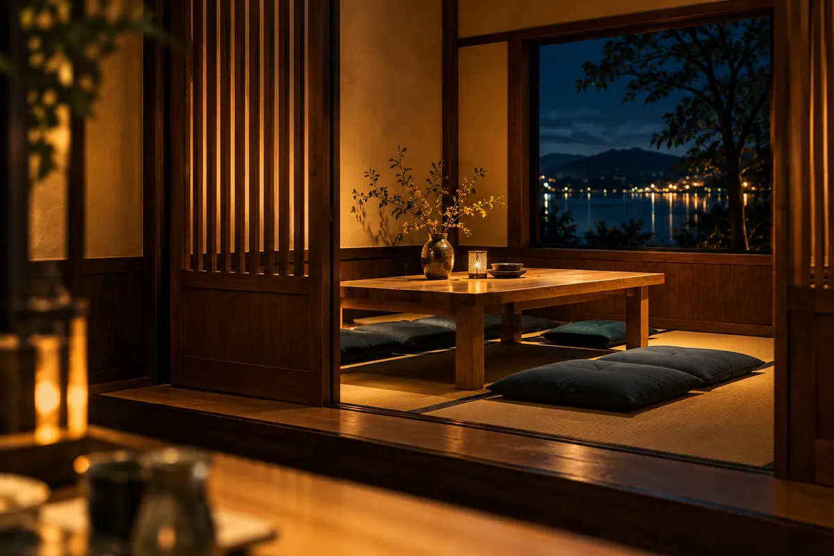 格子の仕切りの奥にある小上がりの座敷。窓の外に夜の湖の明かり