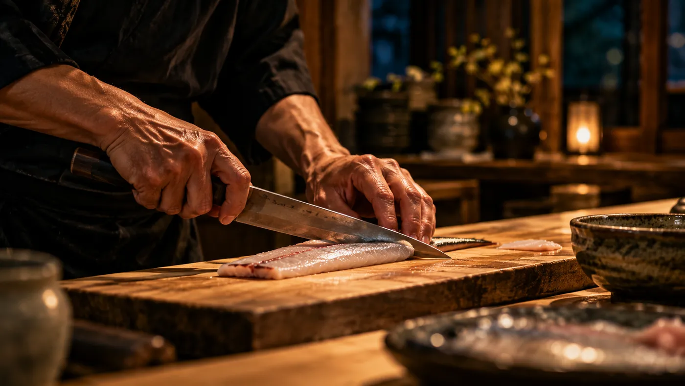 白木のまな板の上で魚を引く店主の手元